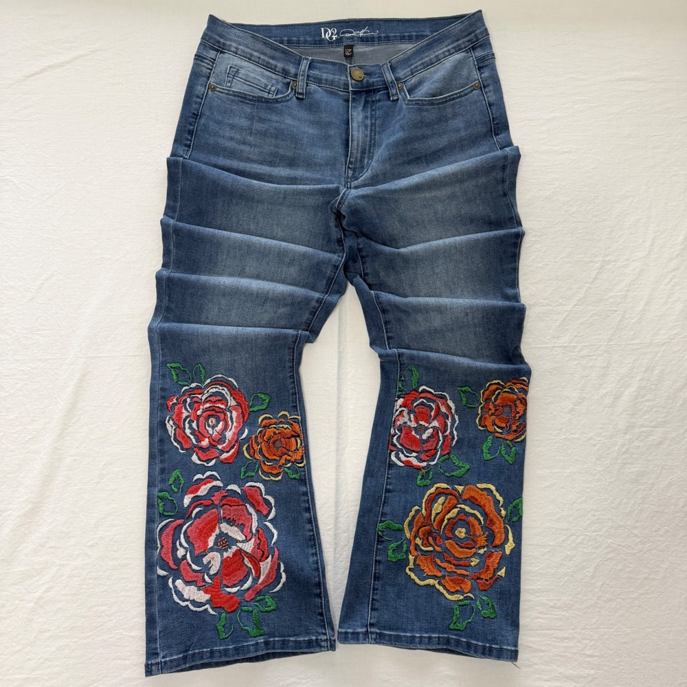 Embroidered Bootcut Jeans DG2 Diane Gilman Women's 12P Floral Rose Blue Petite